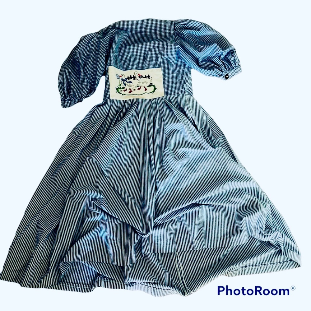 Vintage Americana Prairie Blue White Dress, midi with embroidered mother goose